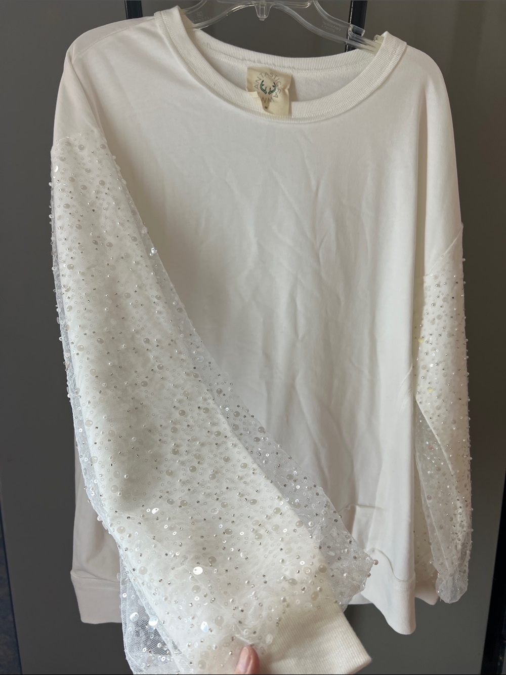 Fantastic Fawn White Sequin Mesh Sleeve Sweatshirt - Sheer Embellished Sleeves